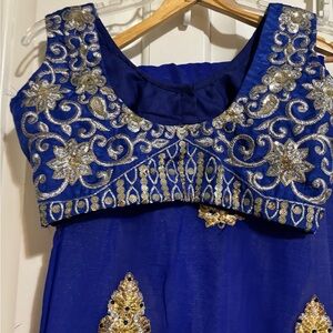 Blue and Gold Embroidered Georgette saree with blouse large size with embroidery